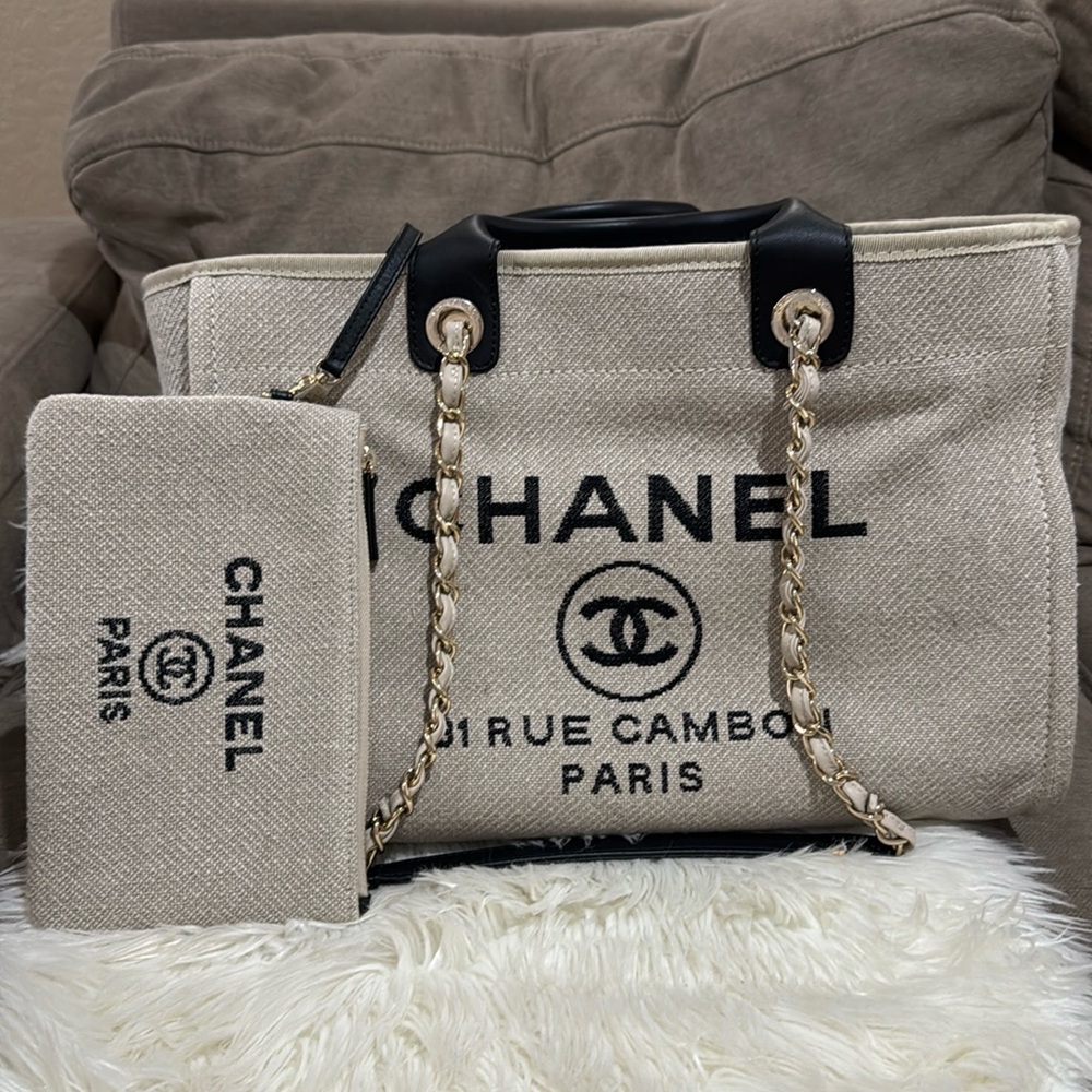Chanel canvas deauville tote bag with black handle